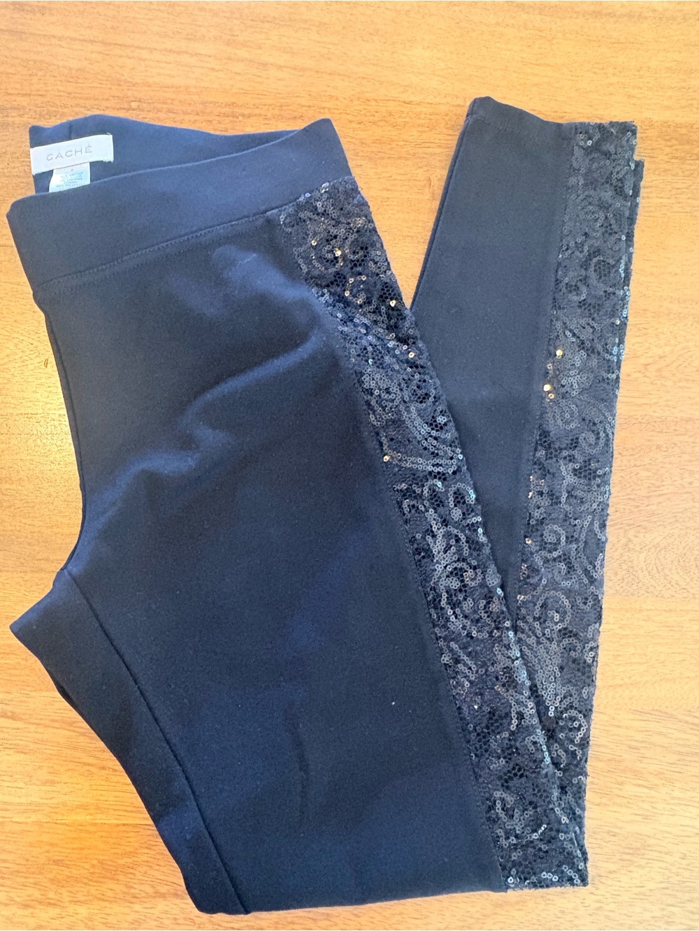 Cache Black Leggings with Sequined Lace Side Panels